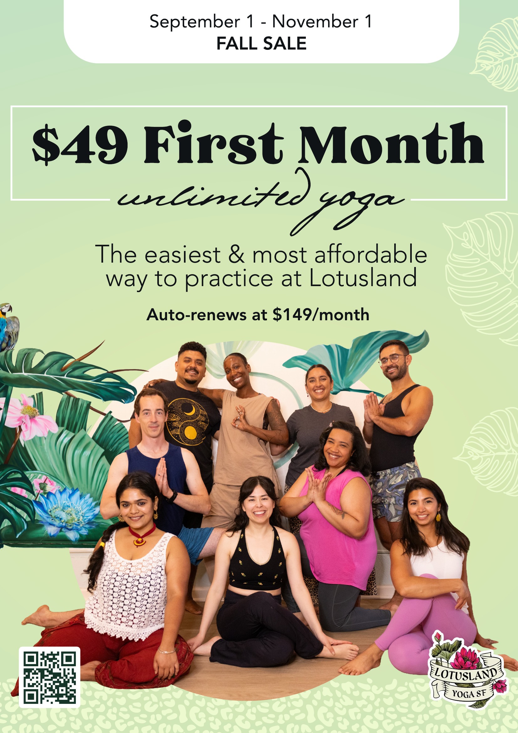 Fall Sale: $49 first month of unlimited yoga at Lotusland Yoga SF, September 1 to November 1